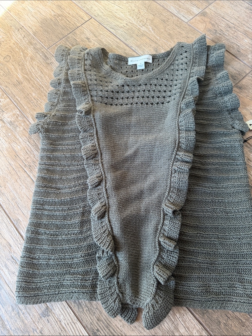 White + Warren Ruffle sleeveless knit top olive green medium NWT